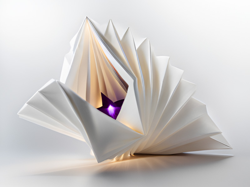 A geometric origami type paper shell with a purple light inside of it