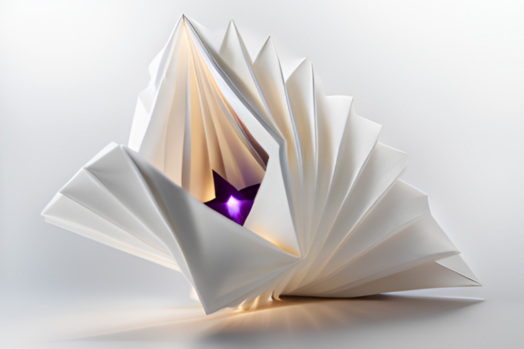 A geometric origami type paper shell with a purple light inside of it