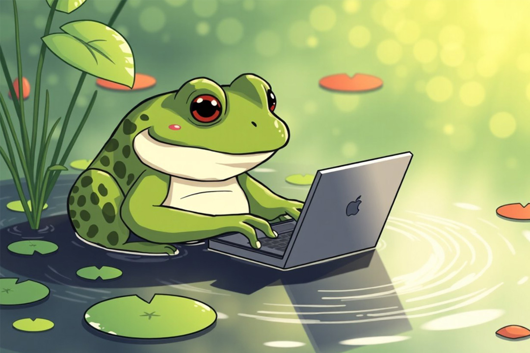 Illustration of a frog working on a laptop in a pond