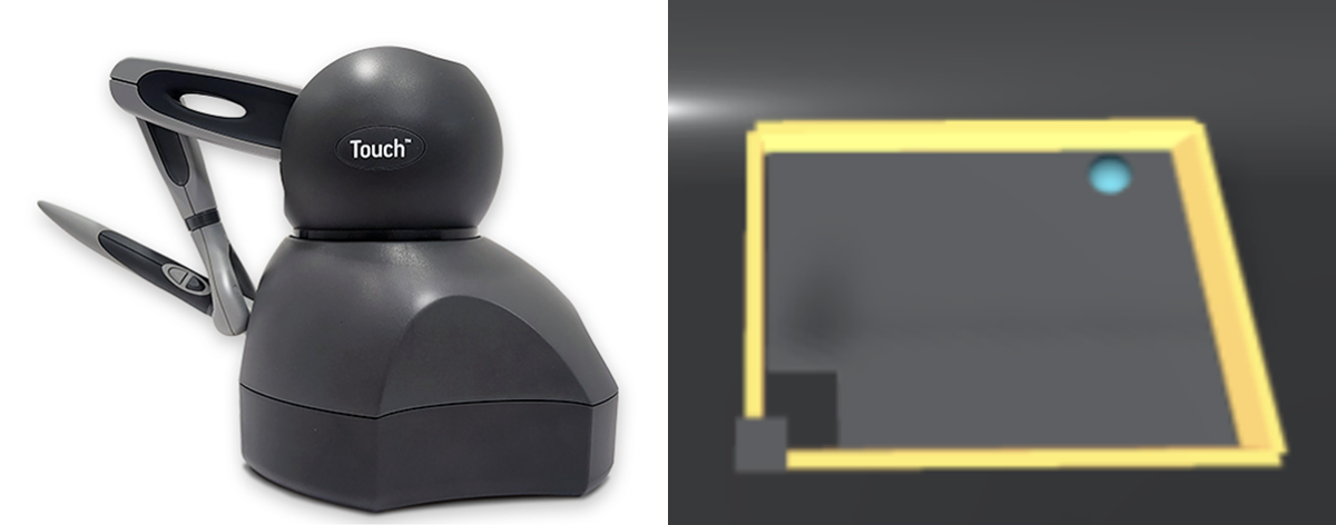 On the left, the small haptic touch device, and on the right, the environment in Unity.