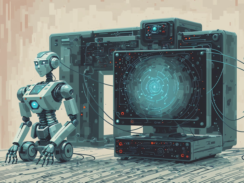 A retro robot plugged into a mainframe computer