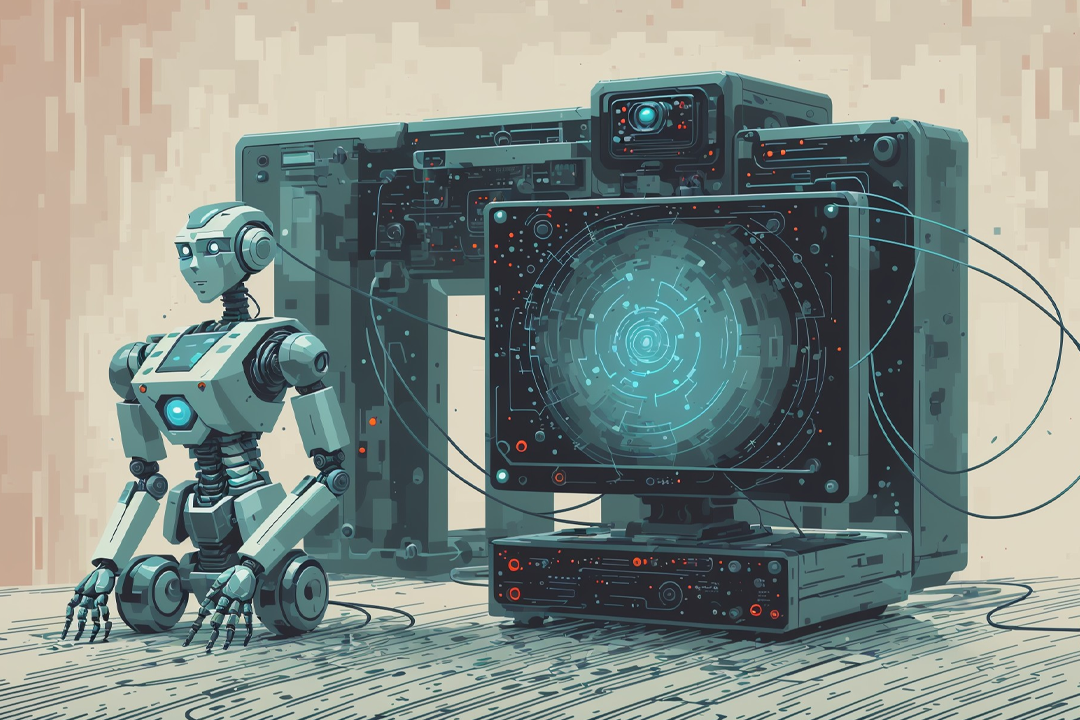A retro robot plugged into a mainframe computer