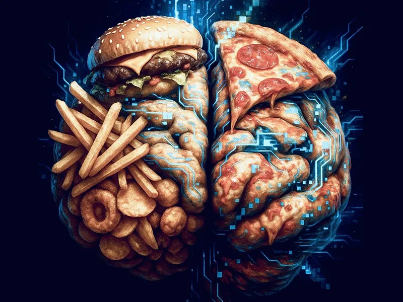 An illustrated brain filled with junk food
