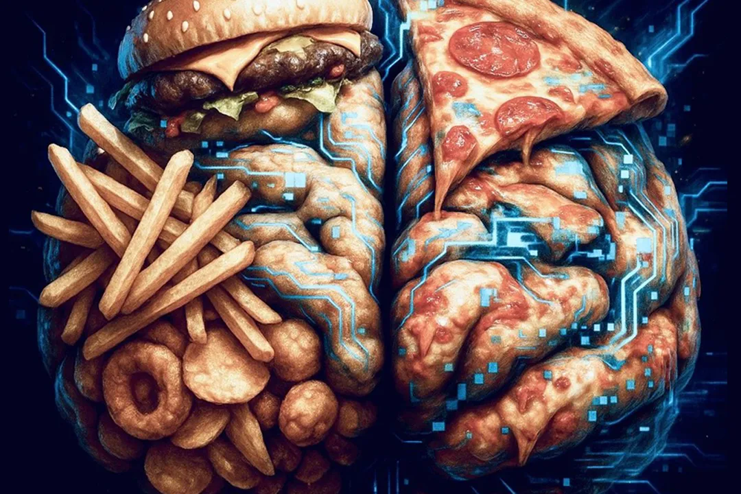 An illustrated brain filled with junk food